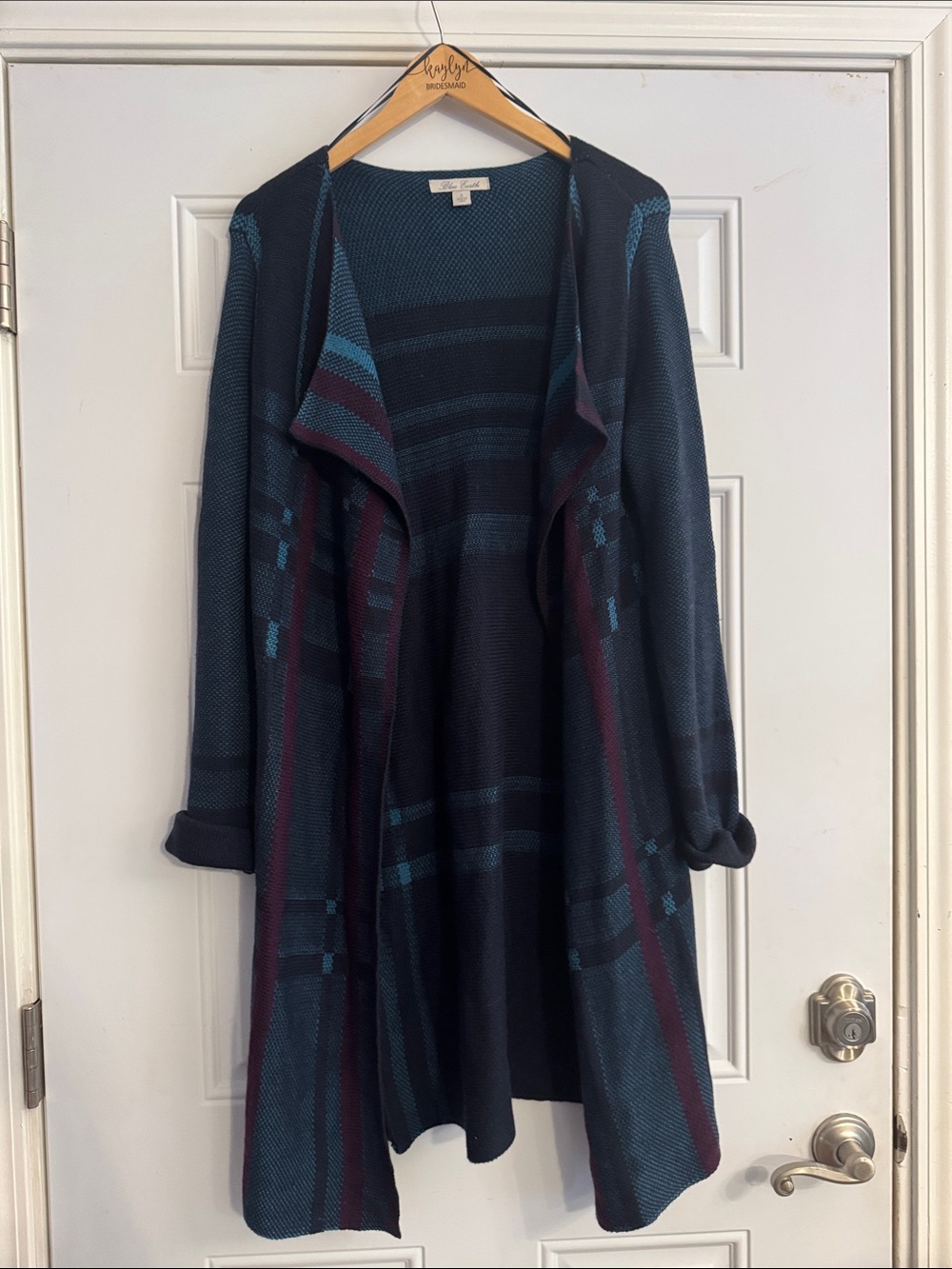 Striped Knit Cardigan in Navy with Teal and Burgundy Accents